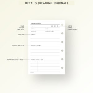 May include: A printable reading journal page with sections for title, author, start date, summary, thought and review, favorite quotes and page, rating, genre, and complete date. The page has a simple design with black text on a white background.