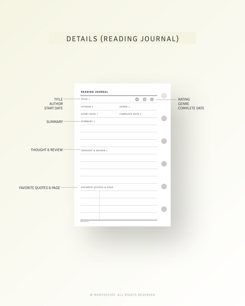 May include: A printable reading journal page with sections for title, author, start date, summary, thought and review, favorite quotes and page, rating, genre, and complete date. The page has a simple design with black text on a white background.