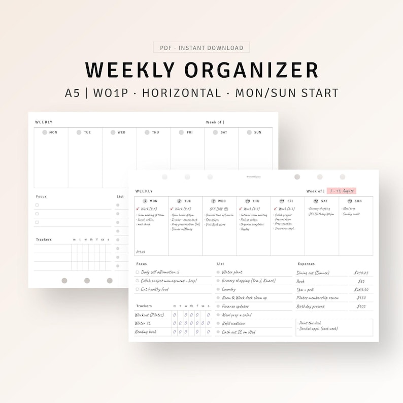 A5 Size, Undated Weekly Overview Planner Printable Weekly to Do List ...