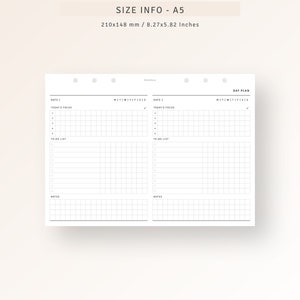 May include: A black and white printable A5 daily planner with two pages. The left page has a section for "Date", "Today's Focus", "To-Do List", and "Notes". The right page has a section for "Day Plan", "MIT", and "Notes".