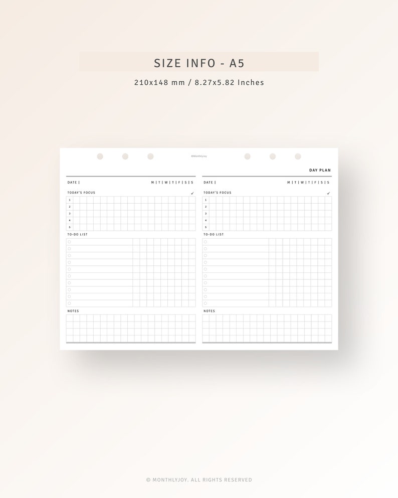 May include: A black and white printable A5 daily planner with two pages. The left page has a section for "Date", "Today's Focus", "To-Do List", and "Notes". The right page has a section for "Day Plan", "MIT", and "Notes".