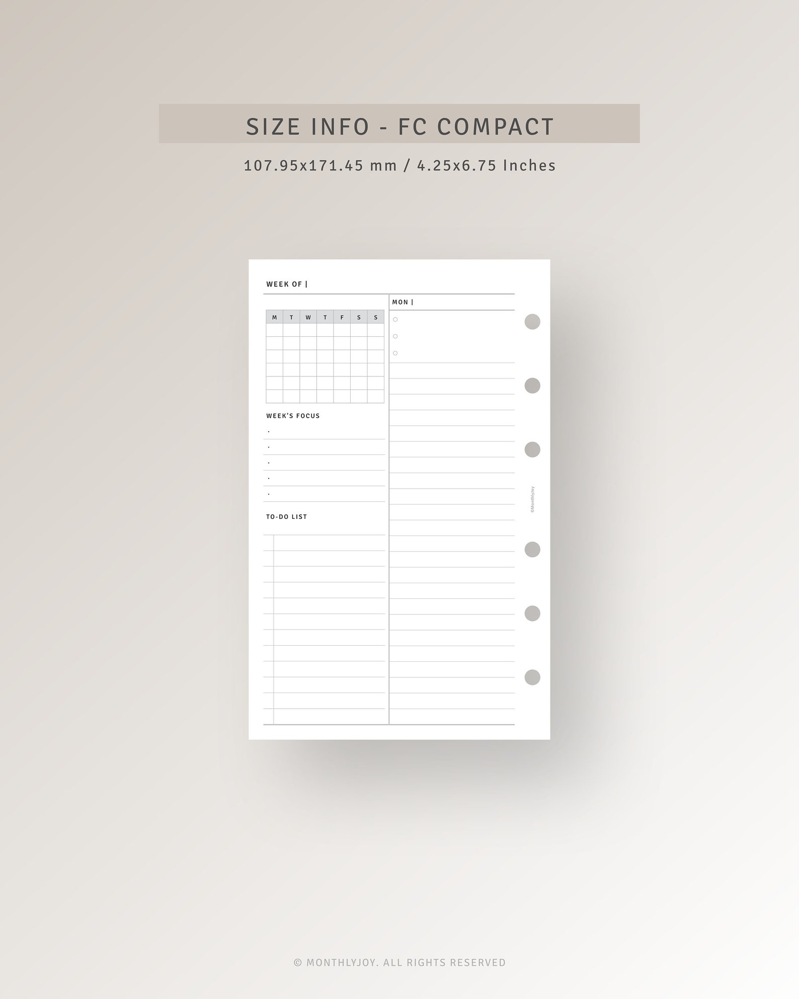 Week on 4 Pages With Calendar Printable FC Compact Inserts, Undated ...