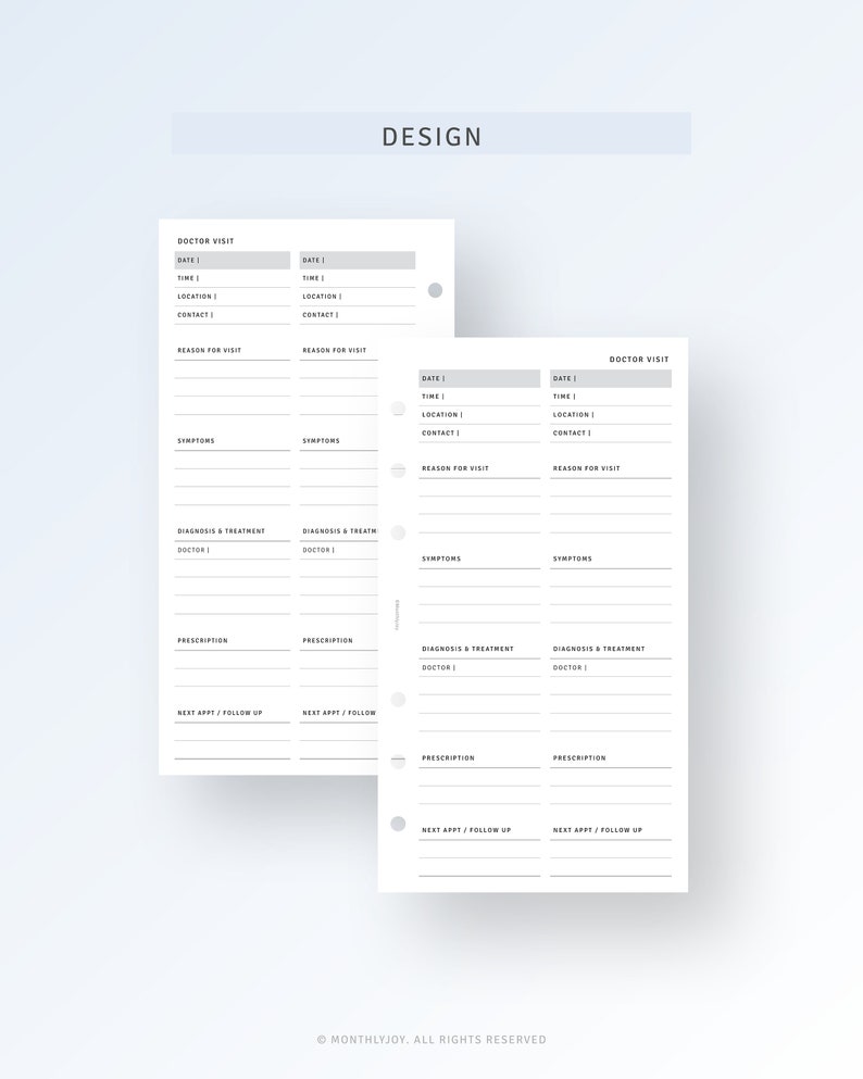 May include: A printable doctor's visit log with sections for date, time, location, contact, reason for visit, symptoms, diagnosis and treatment, doctor, prescription, and next appointment follow up.