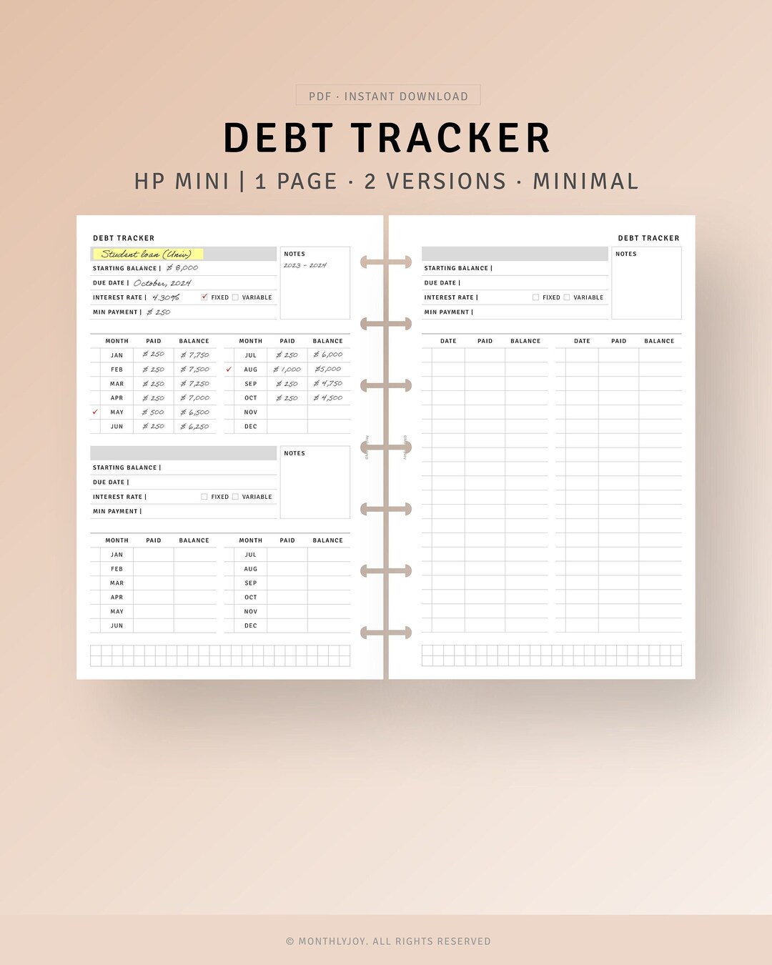 Debt Payoff Tracker Printable HP Mini Inserts, Finance Debt Planner ...