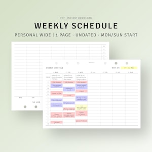 Printable Weekly Schedule Template, Week on One Page, Productivity Planner, Time Blocking Weekly Overview, Personal Wide Inserts PDF