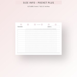 May include: A black and white printable planner page with the words "TRACKERS" and "MONTH" at the top. The page is divided into a grid with 30 columns and 12 rows. The page is designed for use with a pocket-sized planner.