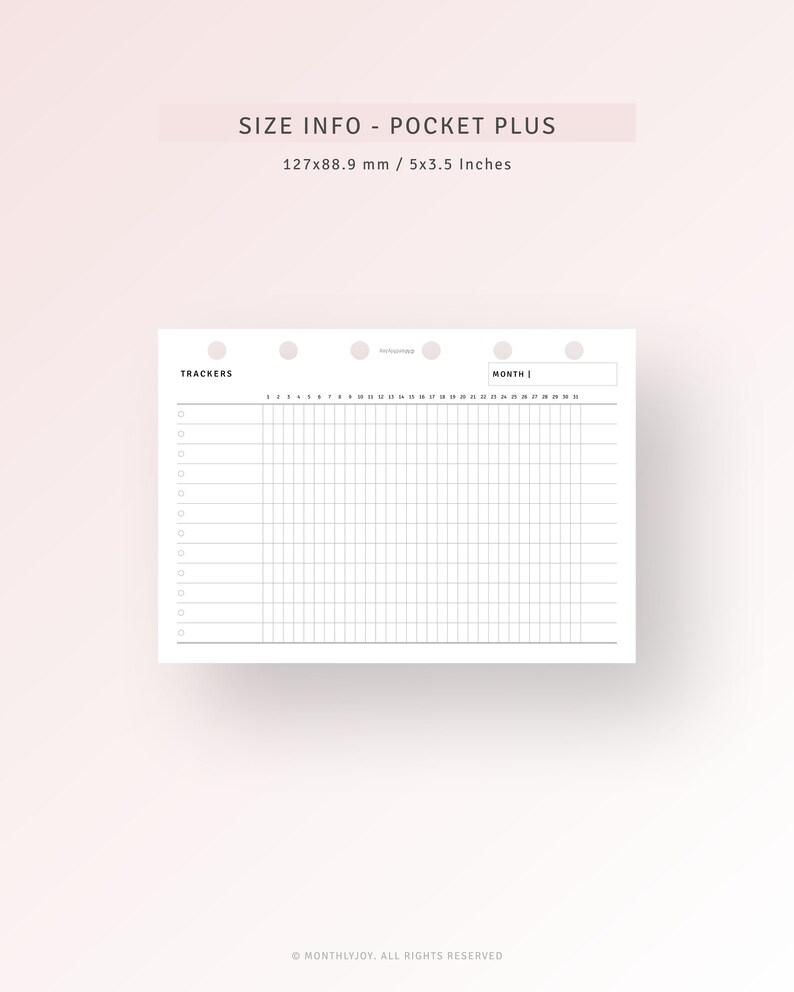 May include: A black and white printable planner page with the words "TRACKERS" and "MONTH" at the top. The page is divided into a grid with 30 columns and 12 rows. The page is designed for use with a pocket-sized planner.