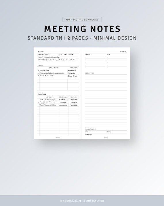 STANDARD TN | Meeting Notes Printable Discussion Notes Page, Meeting Minutes Template, Work Meeting Agenda Sheet, Productivity Planner PDF