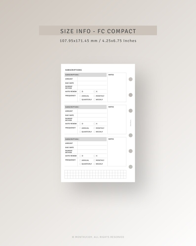 Subscription Tracker With Checklist FC Compact Ring Printable ...
