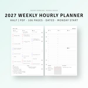 May include: A 2027 weekly hourly planner in PDF format with 106 pages and a Monday start. The layout features two white pages with black text, hourly scheduling columns, a list section, a tracker, and a next week section for planning.