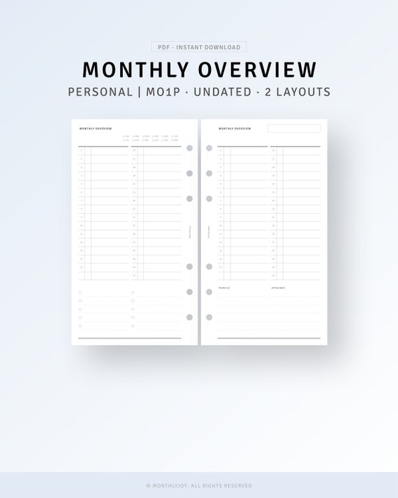 Personal Monthly Overview Printable Month on One Page | Etsy