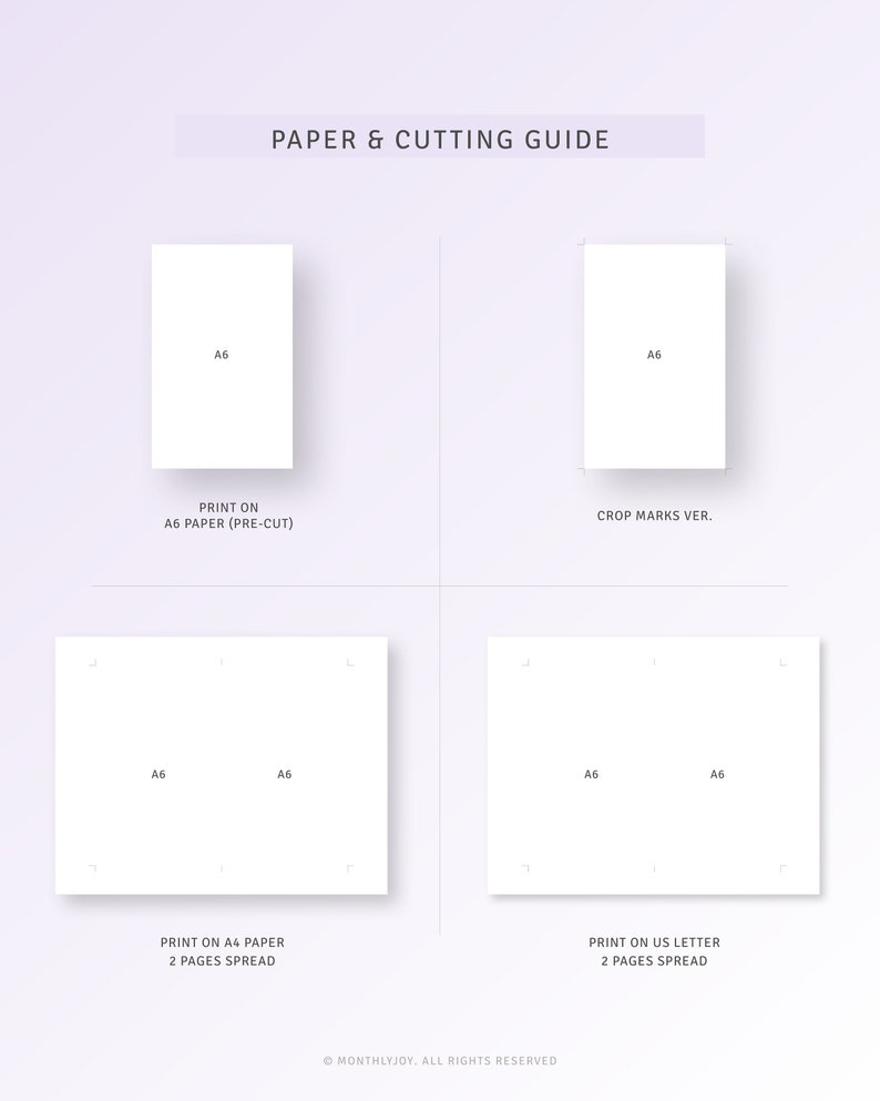 May include: A guide for printing and cutting paper for a printable planner. The guide shows how to print on A6 paper, A4 paper, and US Letter paper. The guide also shows how to cut the paper to the correct size.