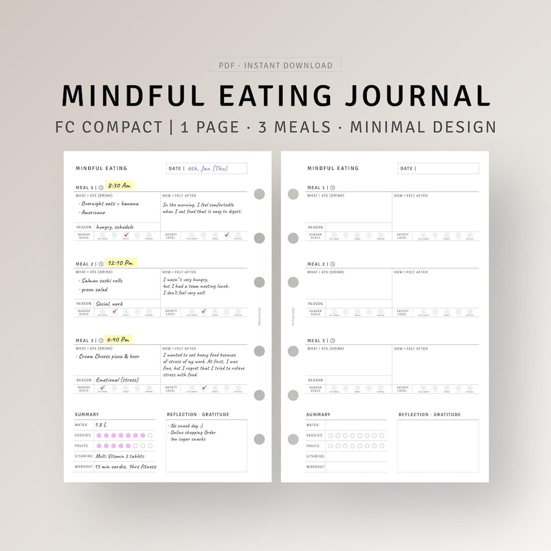 Mindful Eating Food Journal Printable FC Compact Inserts, Daily ...