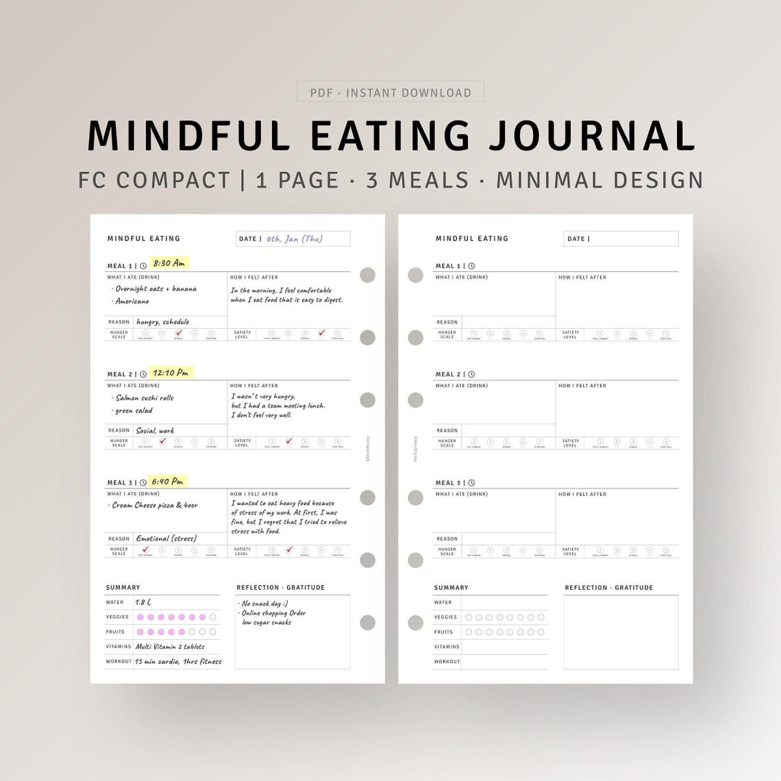 Mindful Eating Food Journal Printable FC Compact Inserts, Daily ...