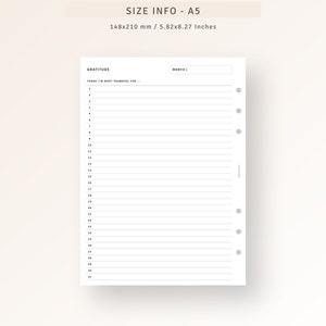 Pu&ograve; includere: Una pagina di diario di gratitudine stampabile bianca con una sezione rigata per scrivere e una sezione per il mese. La pagina &egrave; progettata per un planner di formato A5, che misura 14,8 per 21 cm.