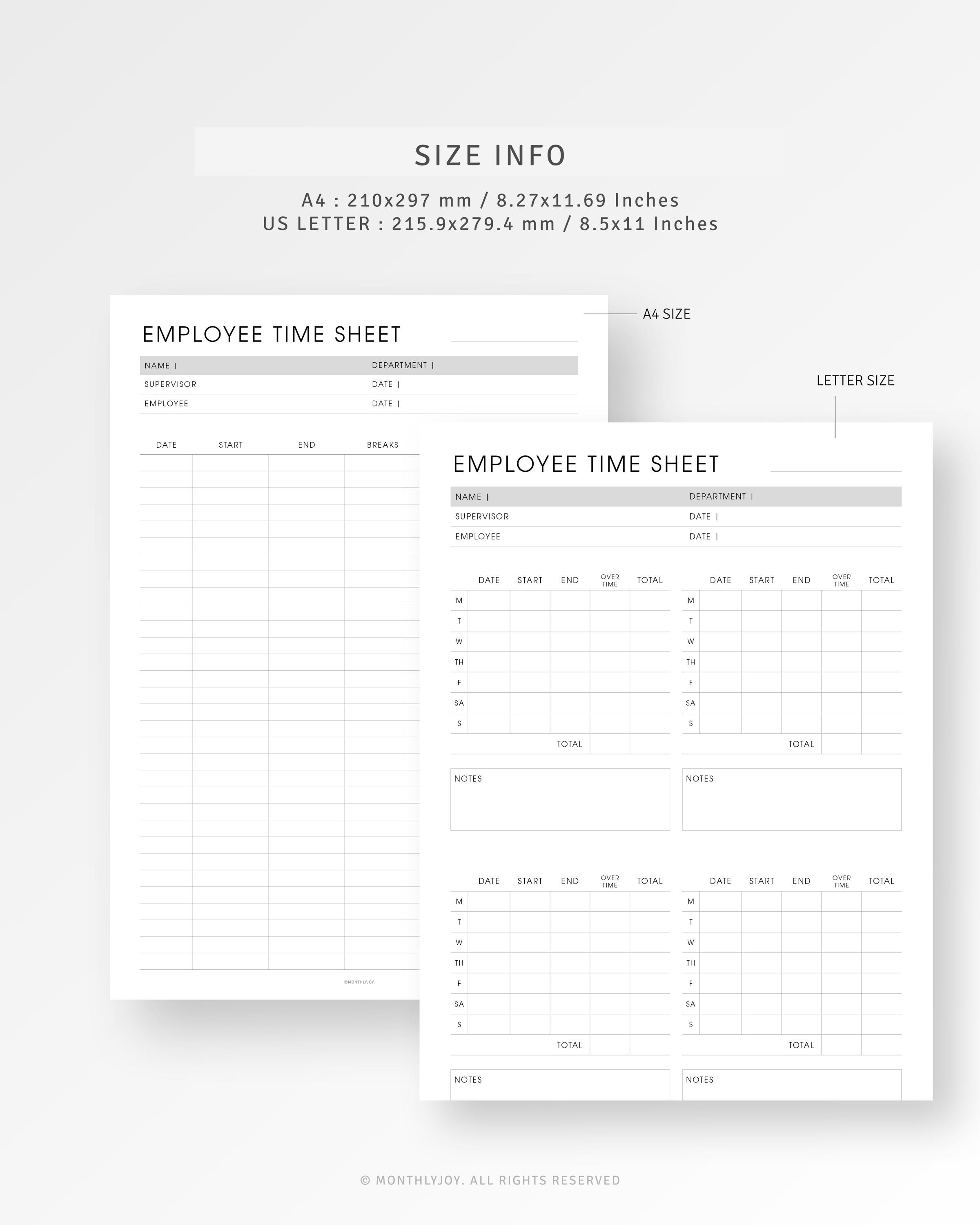 Employee Time Sheet Printable Weekly Timesheet Template, Work Hours Log ...