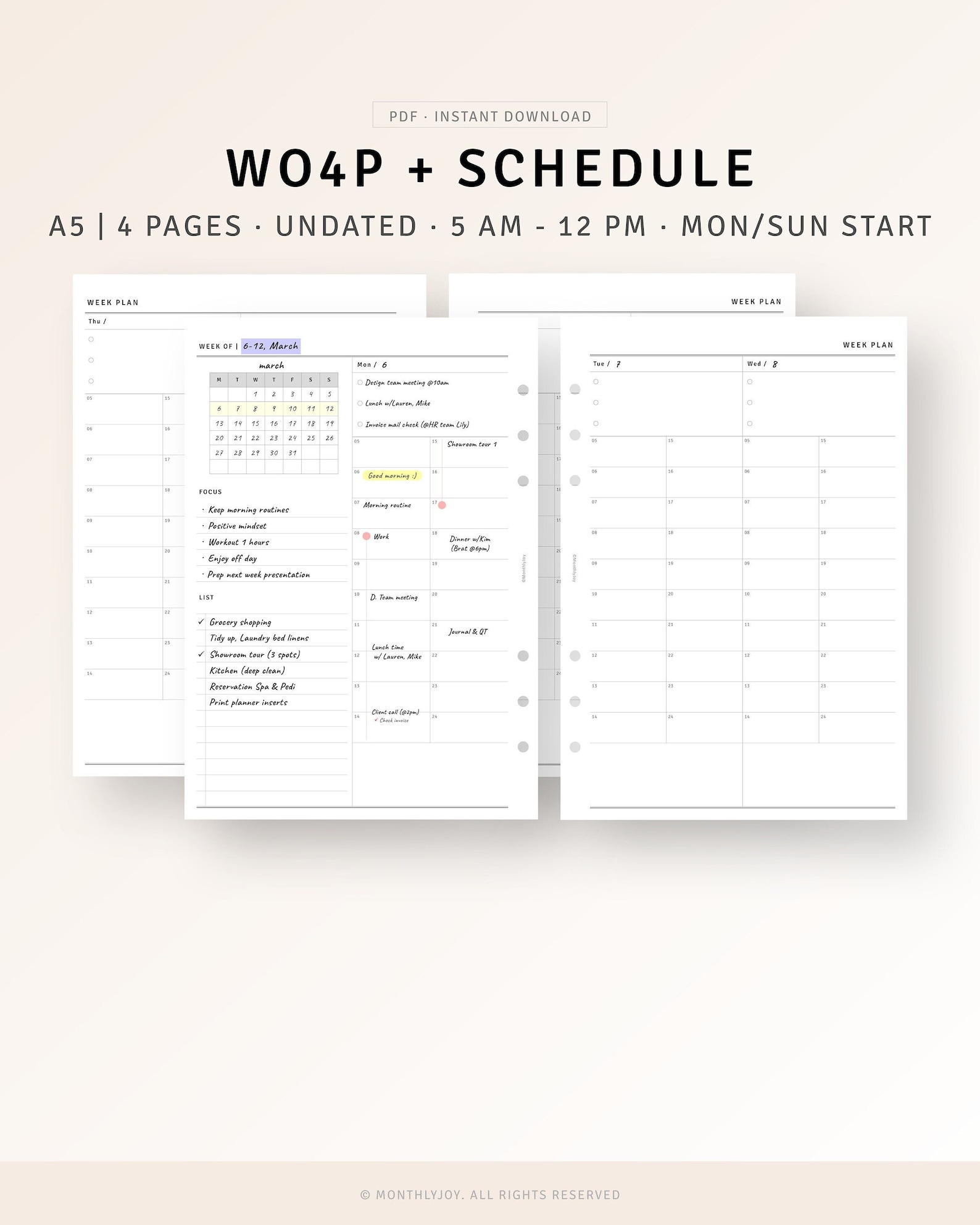 Week on 4 Pages A5 Inserts Printable Weekly Schedule Organizer With ...
