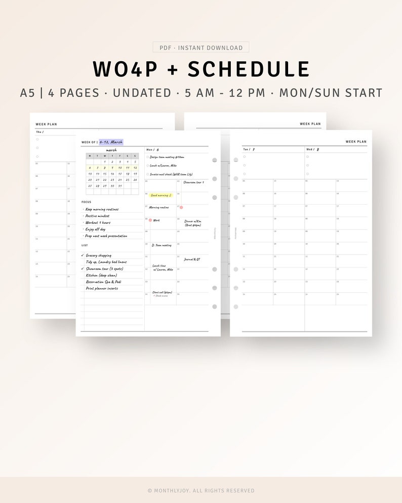 Week on 4 Pages A5 Inserts Printable Weekly Schedule Organizer With ...
