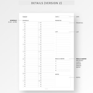May include: A black and white printable daily planner with sections for schedule, priorities, list, meals and water, and notes. The planner has a simple design with a grid layout and clear headings.