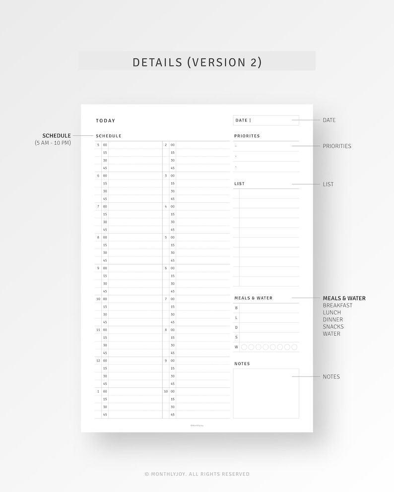 May include: A black and white printable daily planner with sections for schedule, priorities, list, meals and water, and notes. The planner has a simple design with a grid layout and clear headings.