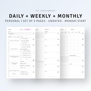 Può includere: Un set di tre pagine di pianificazione non datate con inizio il lunedì. Le pagine includono layout giornalieri, settimanali e mensili. Il testo sulle pagine include "Oggi", "Piano" e "Mese". Il pianificatore è un download istantaneo PDF.