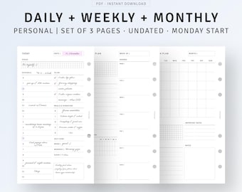 Personal, Daily Planner PDF Printable Weekly Planner Pages Undated Monthly Planner Weekly To-do list Planner Bundle, Productivity Planner