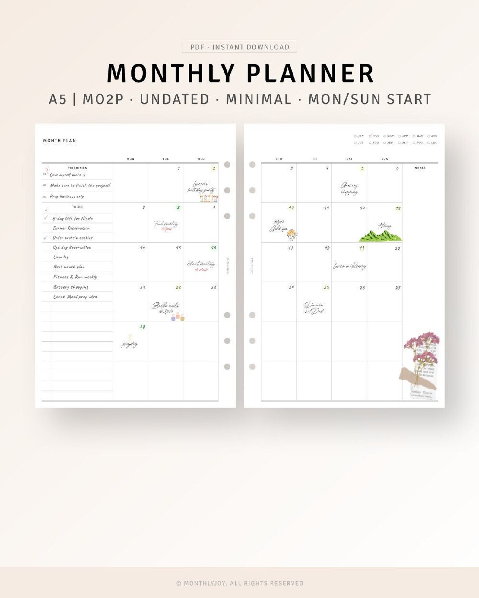 Monthly Planner Printable A5 Planner Inserts, Undated Monthly Template