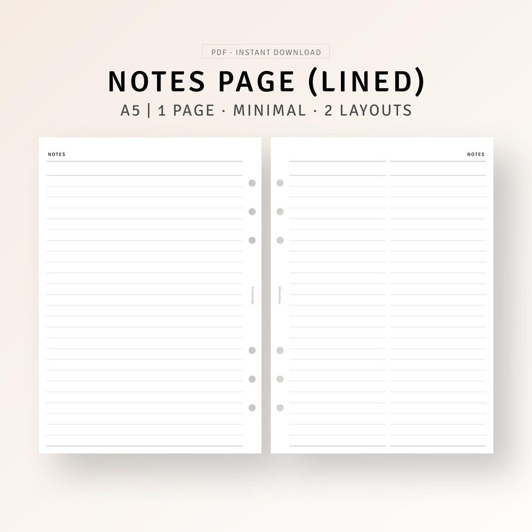 Notes Pages A5 Ring Inserts Printable Lined Notes Paper, Lecture Study ...