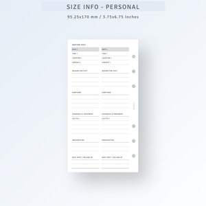 May include: A printable doctor's visit log page for a personal planner. The page is divided into two columns, each with sections for date, time, location, contact, reason for visit, symptoms, diagnosis and treatment, prescription, and next appointment or follow-up. The page is designed to be printed and used in a personal planner.