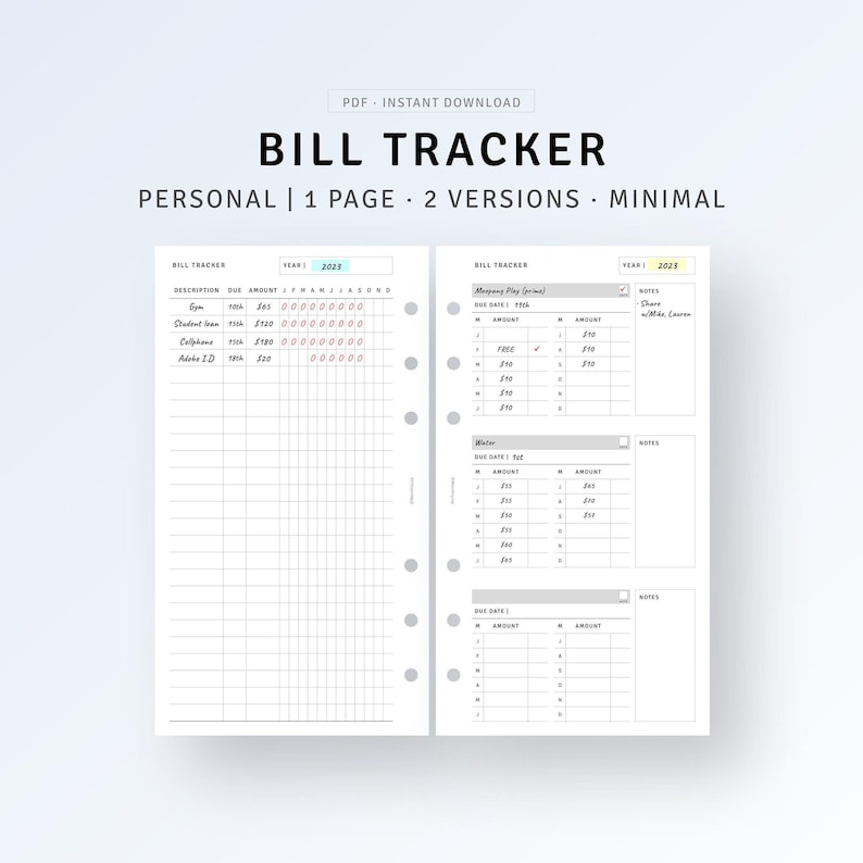 Personal, Bill Organizer Printable Inserts, Monthly Spending Payment ...