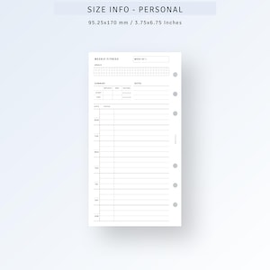 May include: A printable weekly fitness tracker planner page for a personal size planner. The page is 3.75 inches by 6.75 inches and includes sections for goals, summary, notes, and daily workouts.