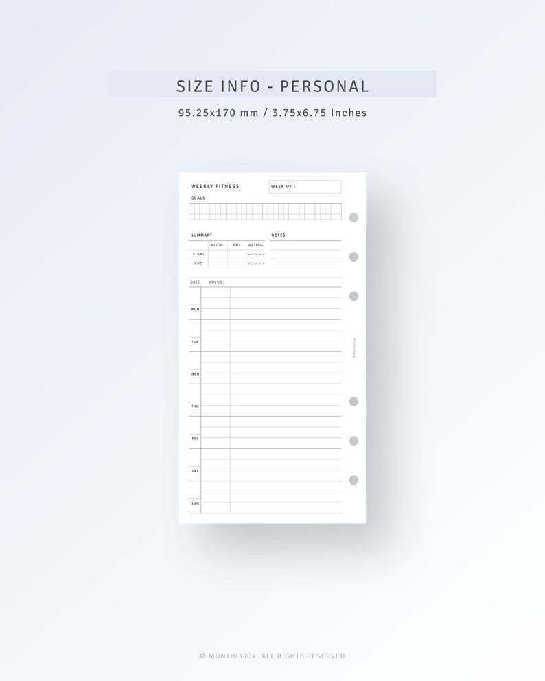 May include: A printable weekly fitness tracker planner page for a personal size planner. The page is 3.75 inches by 6.75 inches and includes sections for goals, summary, notes, and daily workouts.