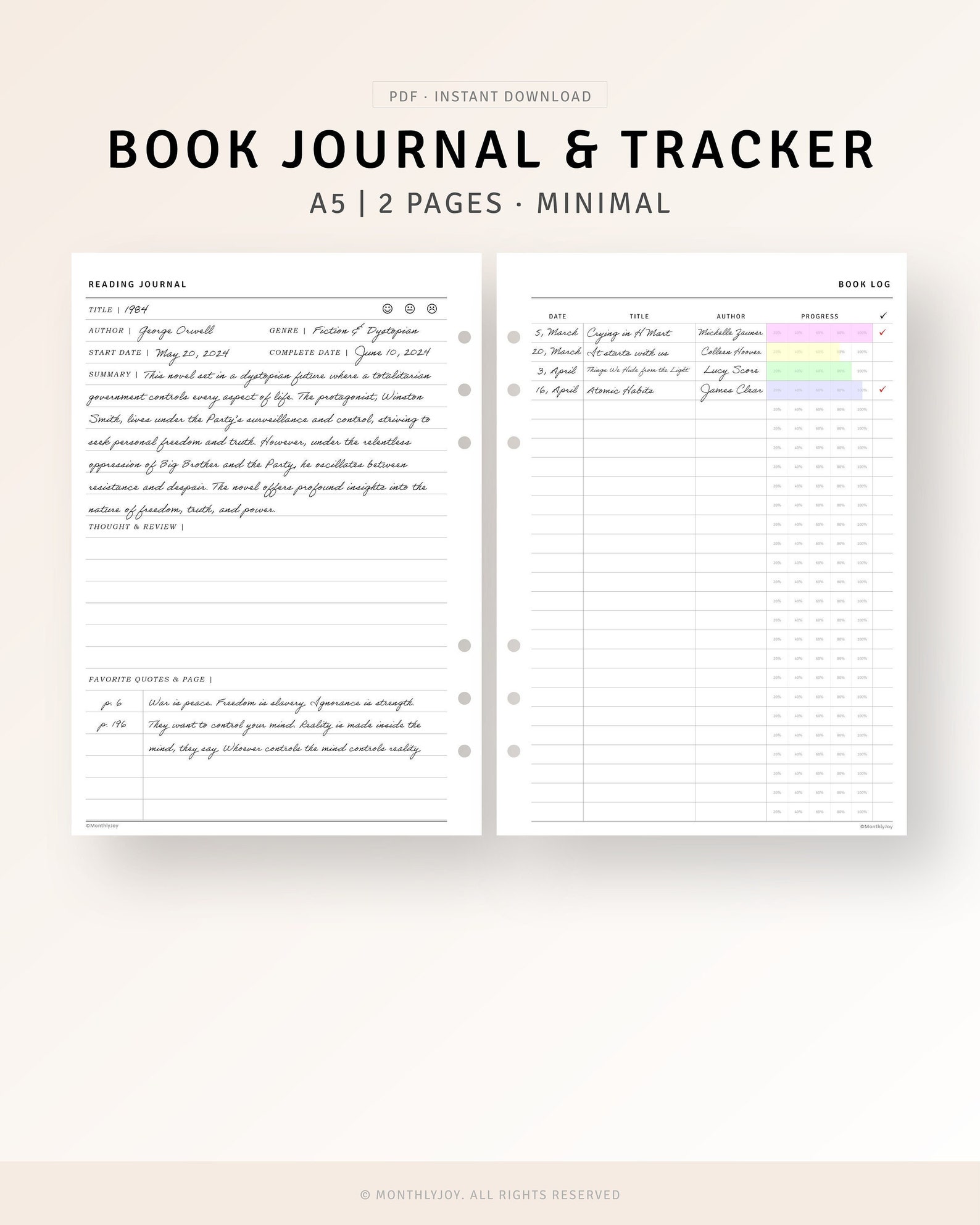 A5 Inserts | Reading Journal Printable Book Log, Reading Challenge ...