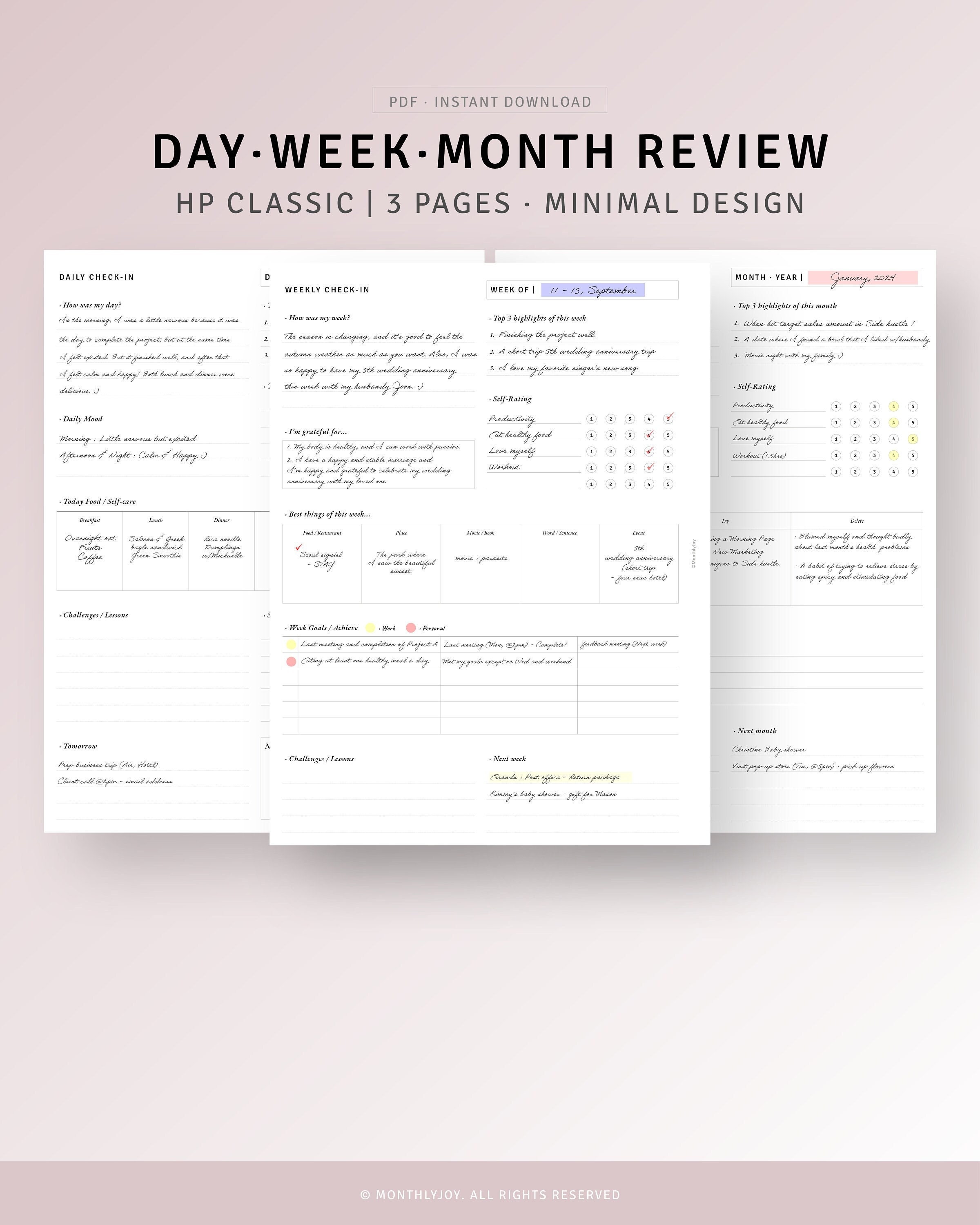 Weekly Reflection Daily Monthly Review Journal Printable Day Monthly Assessment Template, Week Summary Evaluation, Instant Download PDF