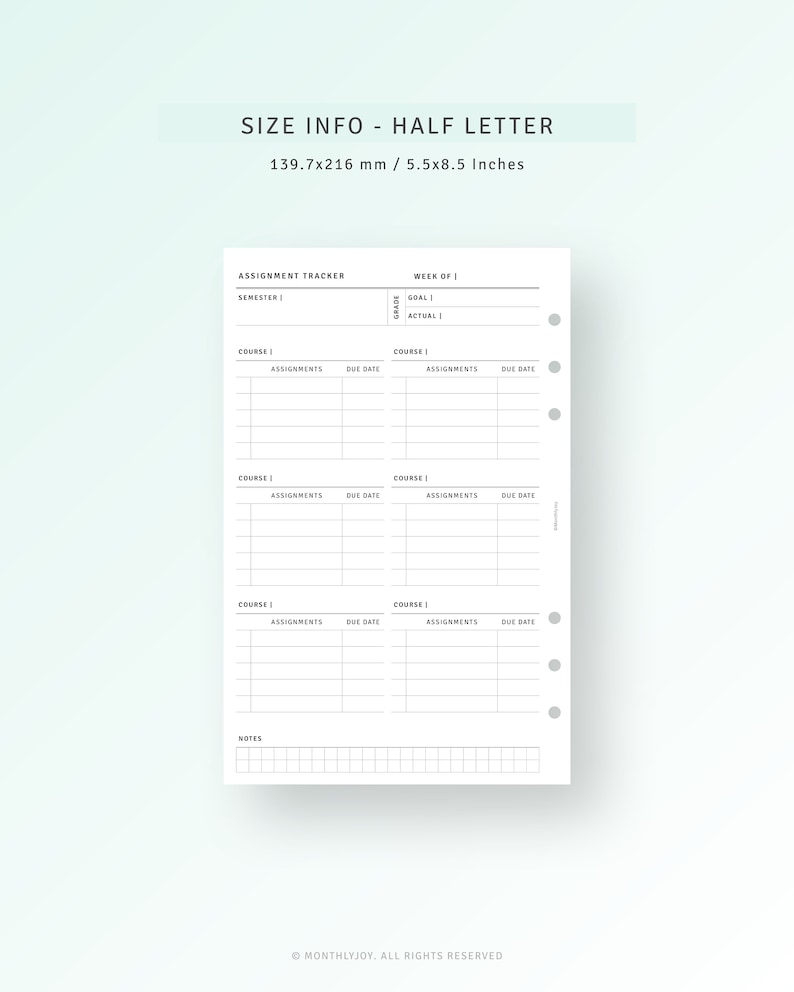 Assignment Tracker Printable Homework Tracker for Student, College New ...