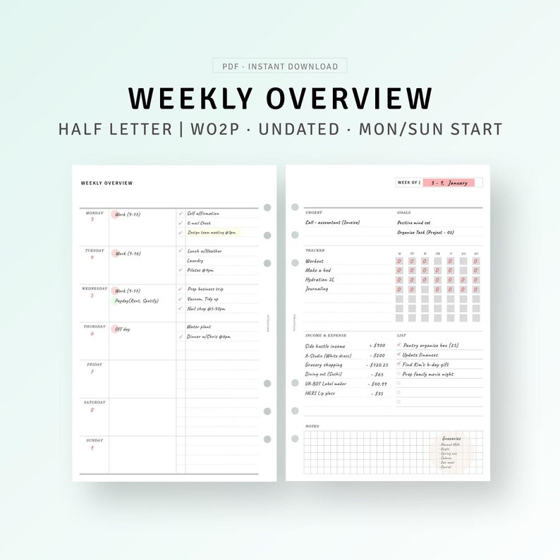 Undated Weekly Planner Pages Printable Half-letter Size Inserts, Weekly ...