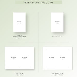 May include: A guide for printing and cutting paper for a personal wide paper size. The guide shows how to print on personal wide paper, A4 paper, and US Letter paper. The guide also shows how to crop the paper to the correct size.