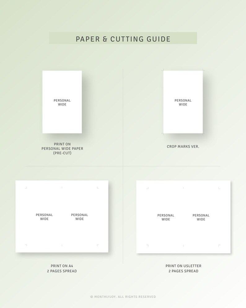 May include: A guide for printing and cutting paper for a personal wide paper size. The guide shows how to print on personal wide paper, A4 paper, and US Letter paper. The guide also shows how to crop the paper to the correct size.