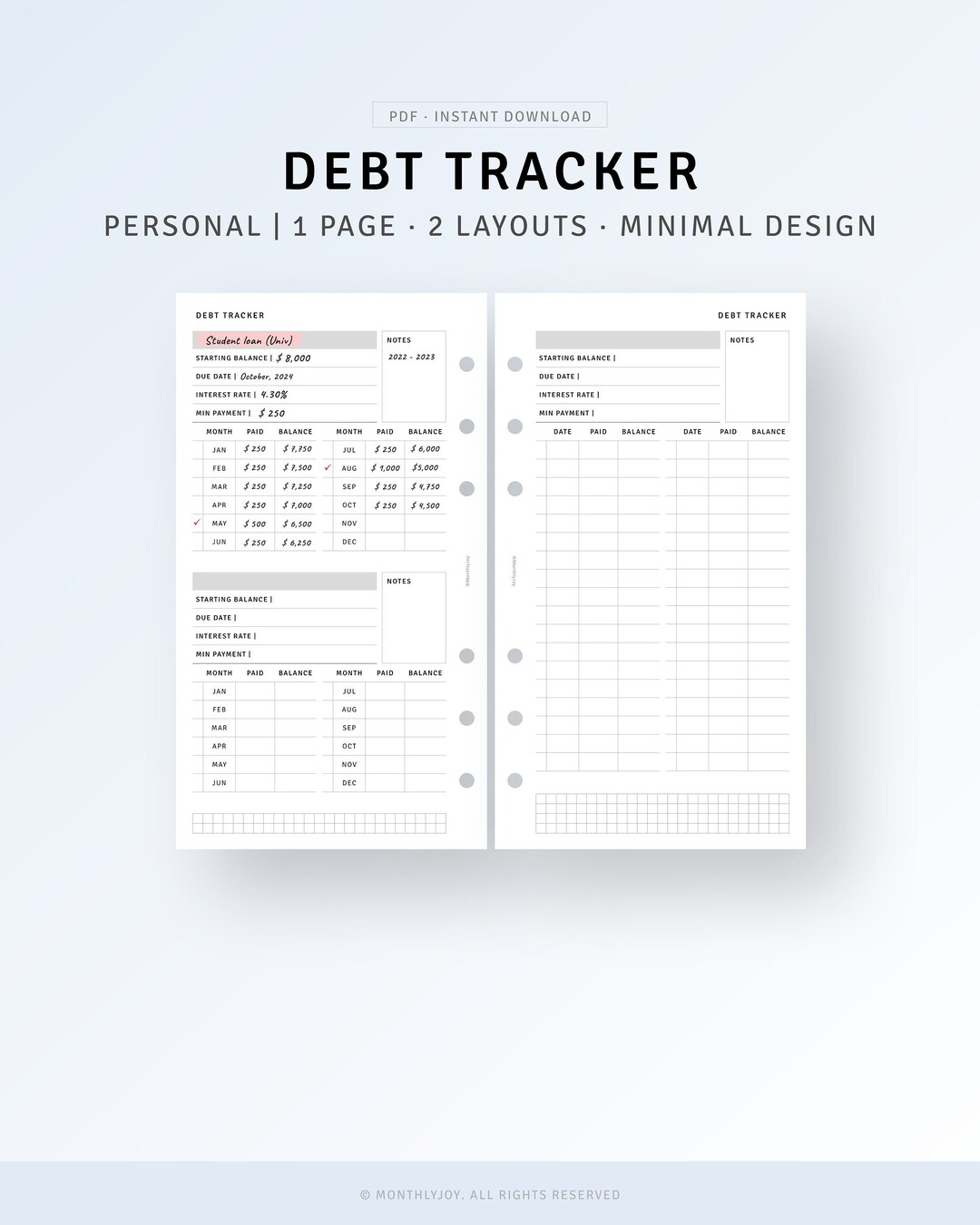 Debt Tracker Printable Personal Ring Inserts Student Loan Debt Payoff ...
