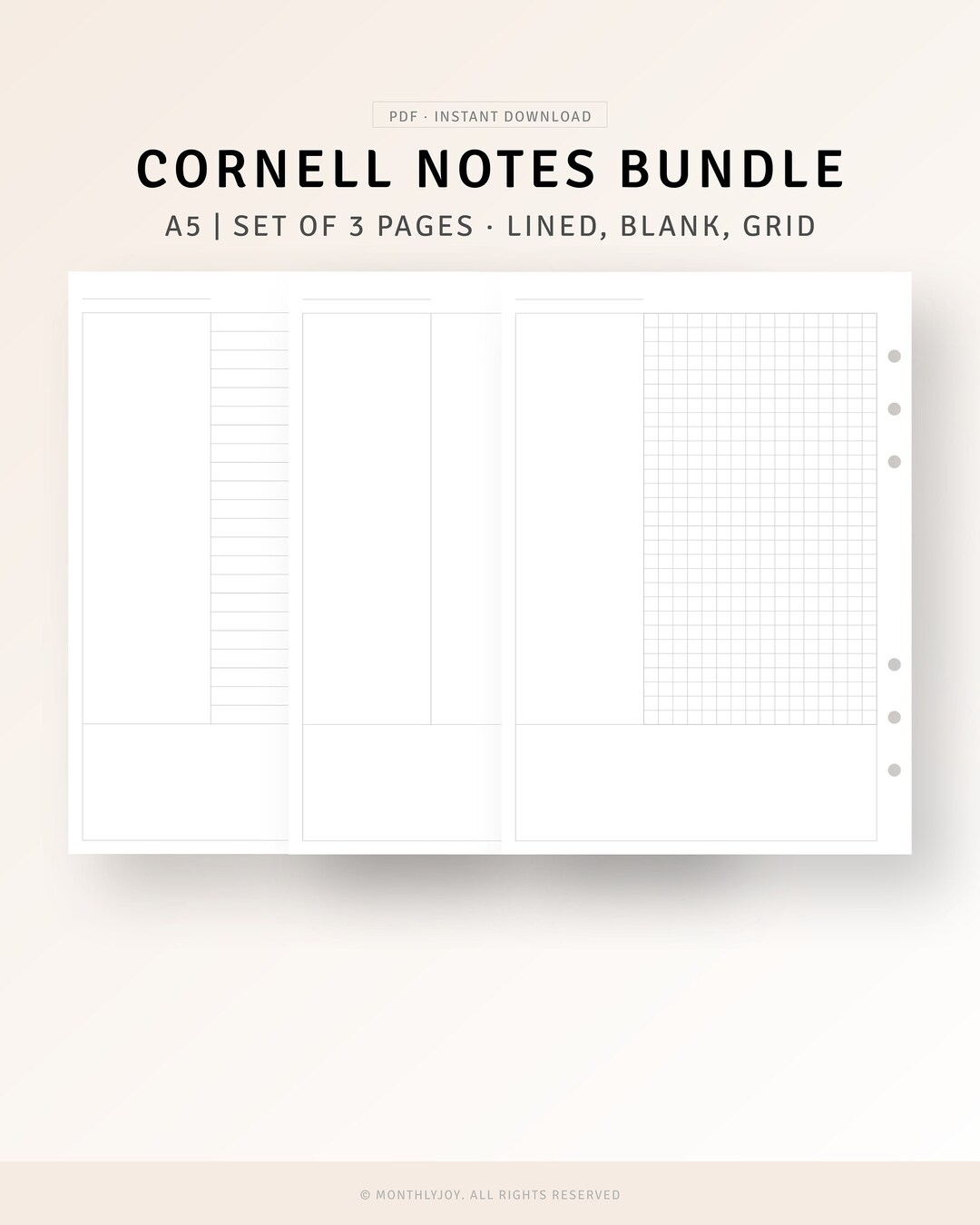 Cornell Notes Printable A5 Ring Inserts, Lecture Notes Template, School