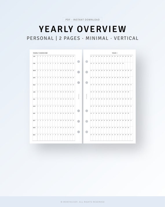 Personal Size, Year At A Glance Printable Yearly Planner Inserts Annual Event Overview, Yearly Agenda, YO2P Template, Digital Download PDF