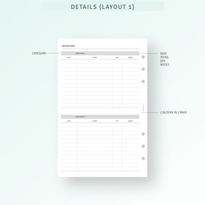 K&ouml;nnte beinhalten: Ein druckbarer Inventar-Tracker mit zwei Abschnitten zum Organisieren von Artikeln. Jeder Abschnitt hat Spalten f&uuml;r Datum, Artikel, Menge und Notizen. Die Seite ist mit "Details (Layout 1)" und "2 Bl&ouml;cke auf 1 Seite" beschriftet.