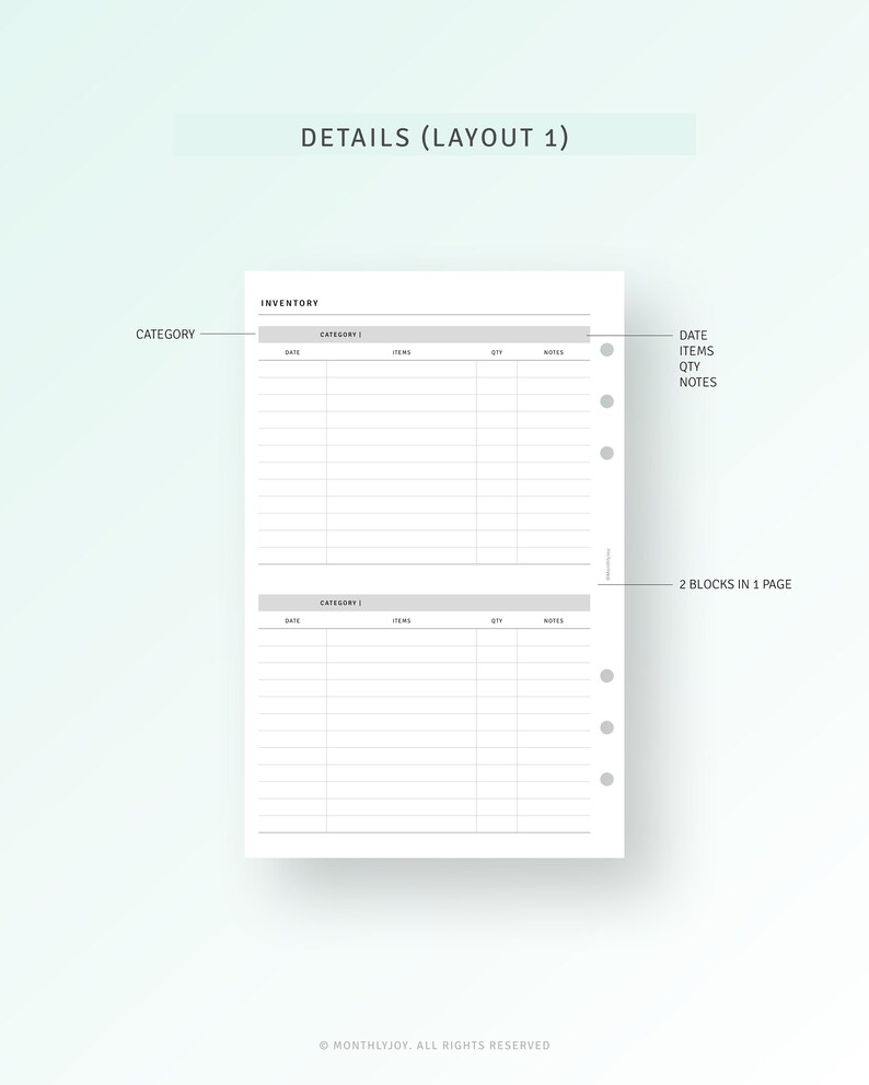 K&ouml;nnte beinhalten: Ein druckbarer Inventar-Tracker mit zwei Abschnitten zum Organisieren von Artikeln. Jeder Abschnitt hat Spalten f&uuml;r Datum, Artikel, Menge und Notizen. Die Seite ist mit "Details (Layout 1)" und "2 Bl&ouml;cke auf 1 Seite" beschriftet.