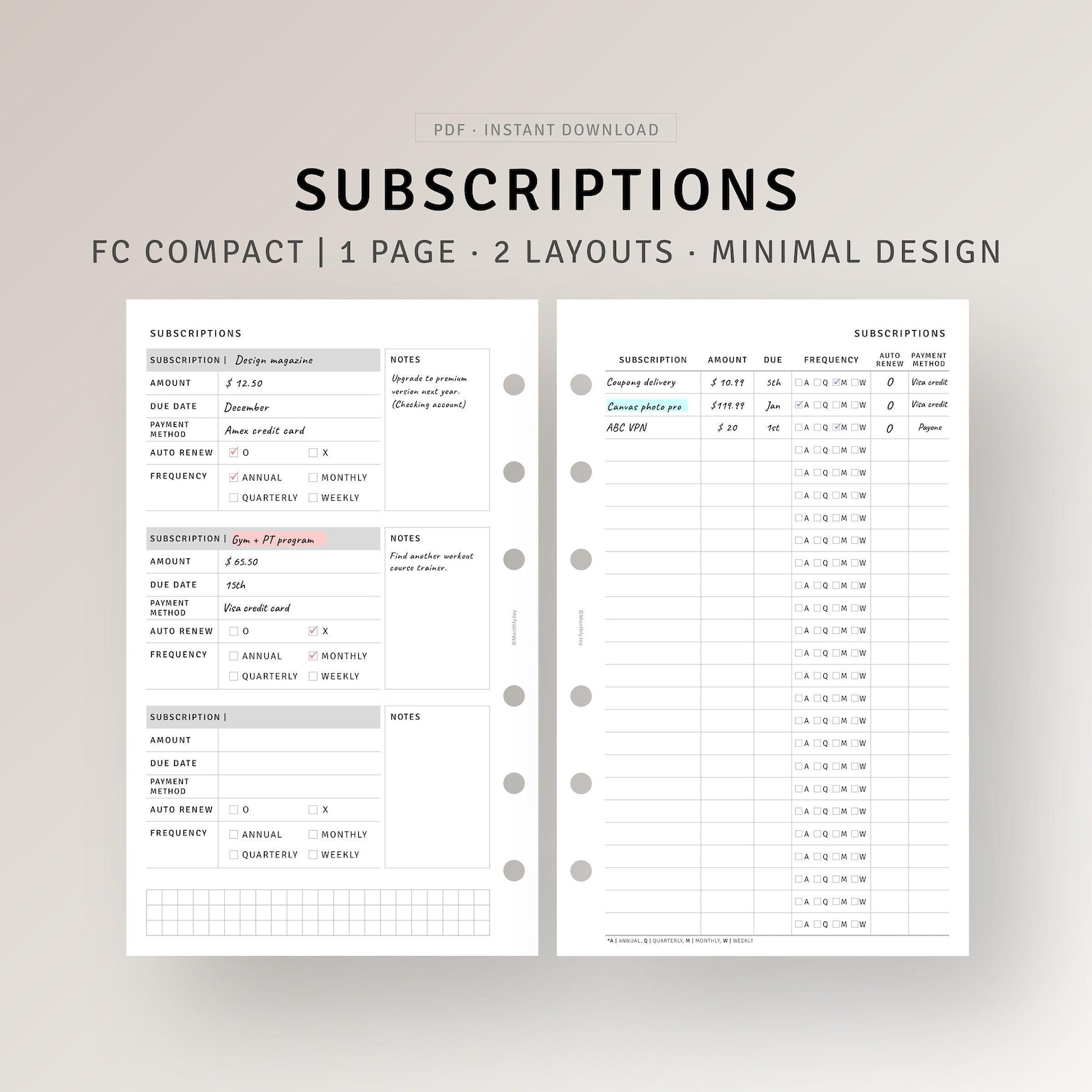 Subscription Tracker With Checklist FC Compact Ring Printable ...