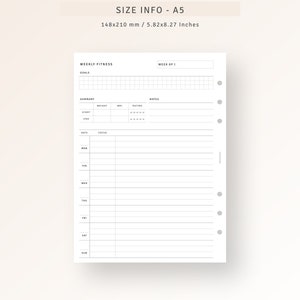 May include: A black and white printable weekly fitness planner in A5 size, measuring 5.82 by 8.27 inches. The planner includes sections for goals, summary, notes, and daily tracking. It has a grid layout for notes and a column for each day of the week.