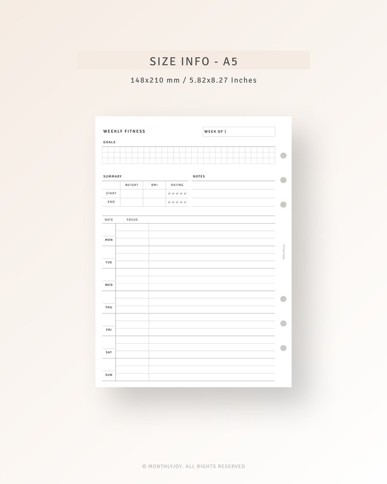 May include: A black and white printable weekly fitness planner in A5 size, measuring 5.82 by 8.27 inches. The planner includes sections for goals, summary, notes, and daily tracking. It has a grid layout for notes and a column for each day of the week.