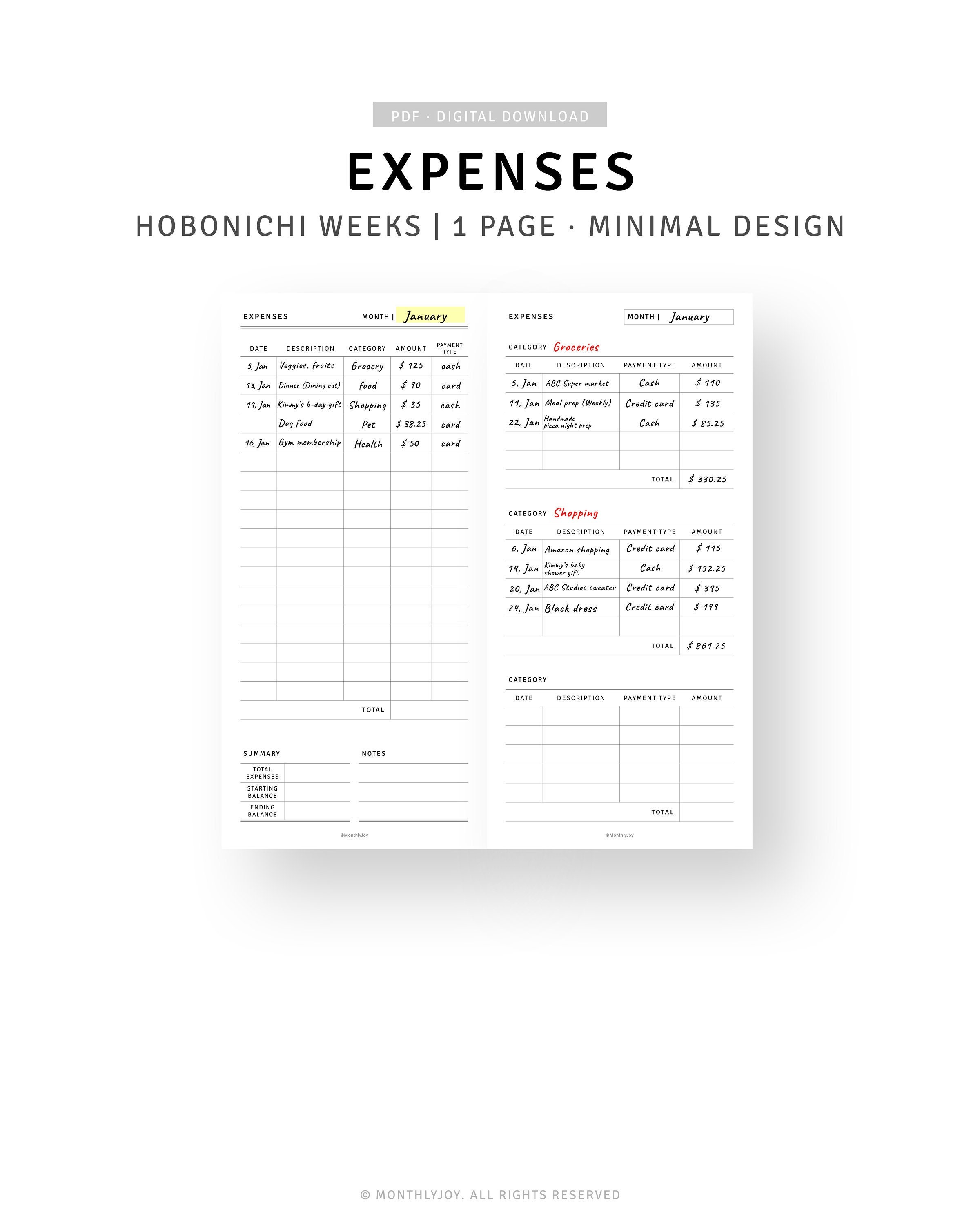 Hobonichi Weeks | Expense Tracker Printable Money Tracker, Expenses Log ...