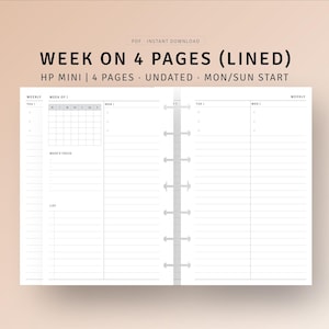 Week on 4 Pages Printable HP Mini Inserts, Undated Weekly Calendar Planner PDF, Schedule Organizer, Weekly To do list, Digital Download