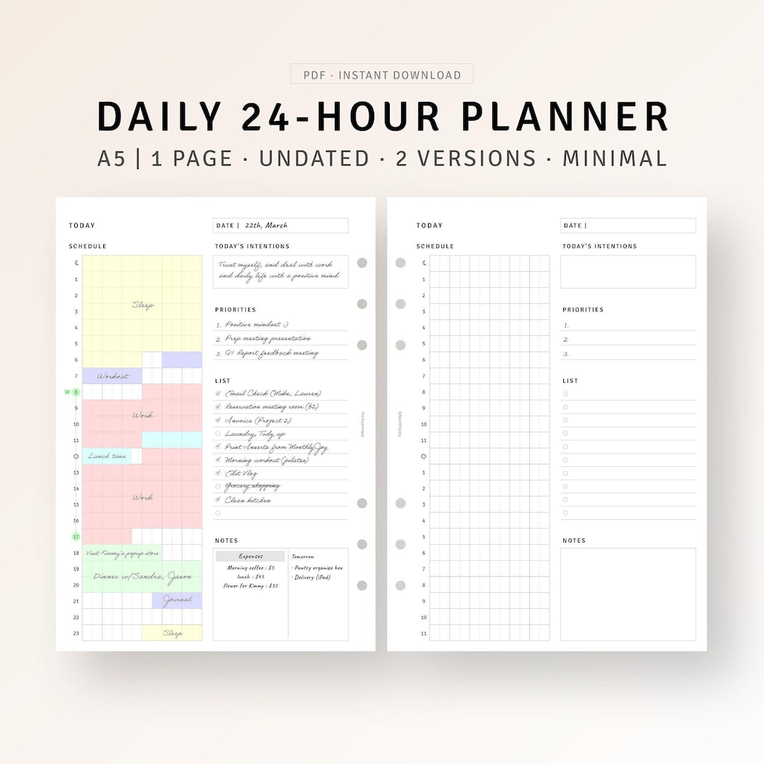 24 Hour Daily Planner Printable A5 Inserts, Military Time Planner, Time