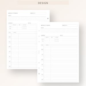 May include: Two black and white printable weekly fitness planner pages with sections for goals, summary, notes, date, and focus. The pages are designed for a disc bound planner.